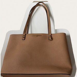 New! Karl Lagerfeld Paris Tan Beige Leather Tote Bag Gold Logo